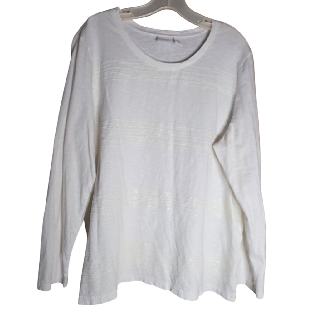 Chico’s White Long Sleeve Tee Metallic Stripe Detail Size 3 XL